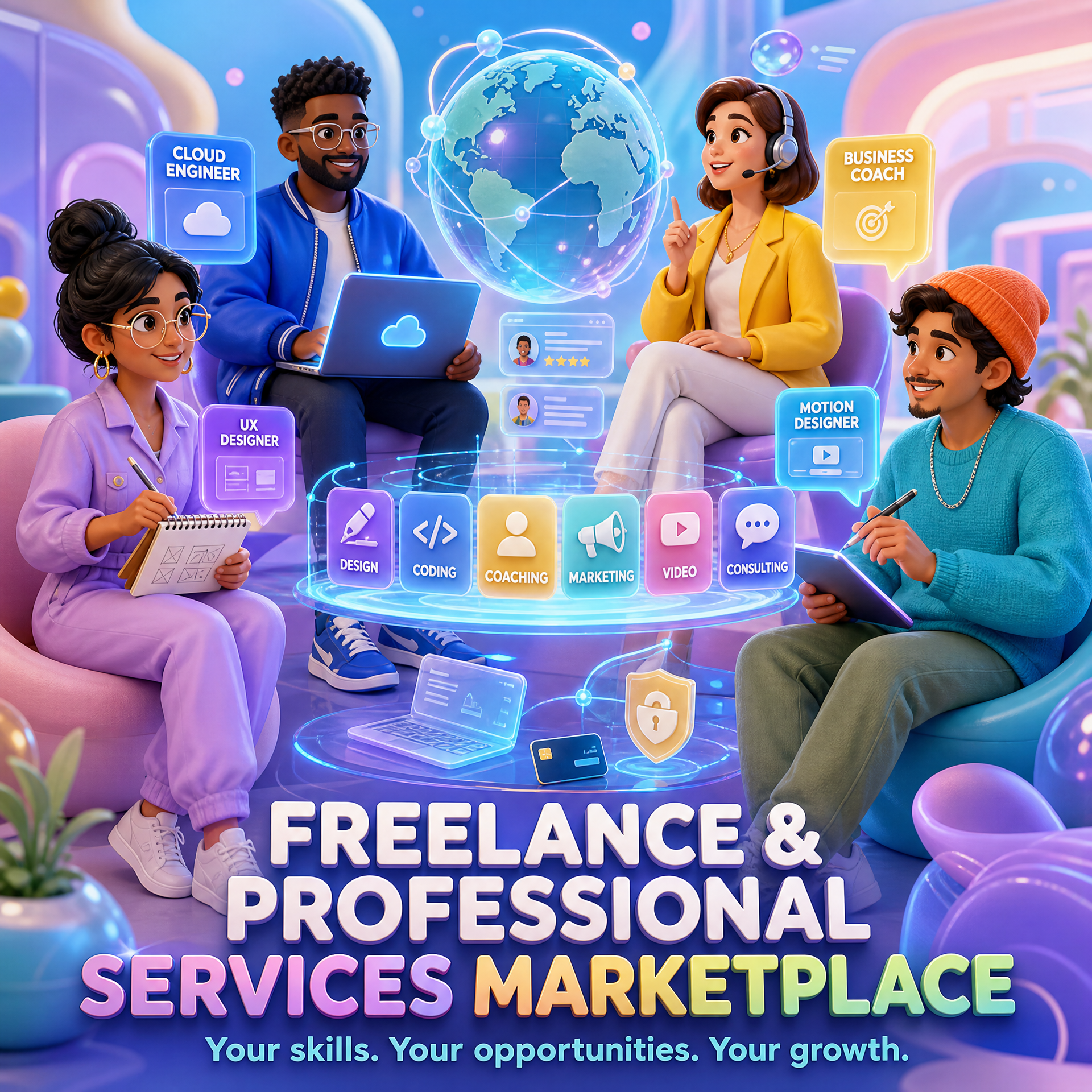freelance marketplace futuristic 3d